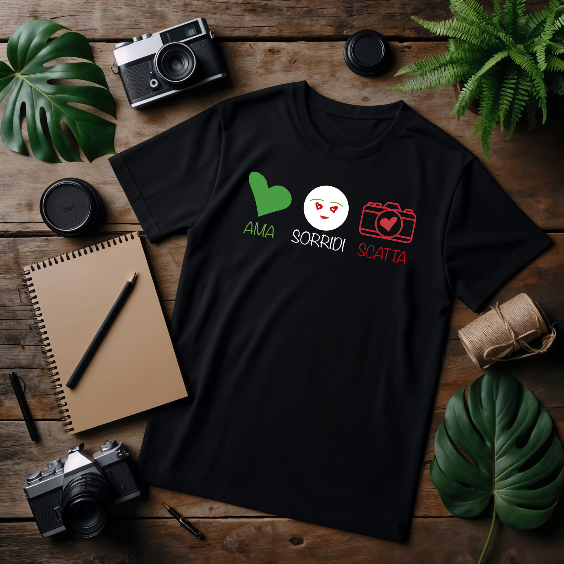 T-shirt nera con il design "Ama, Sorridi, Scatta", posizionata su un tavolo di legno con oggetti fotografici intorno. Il design è composto da un cuore verde, un volto sorridente e una macchina fotografica rossa, richiamando i colori della bandiera italiana