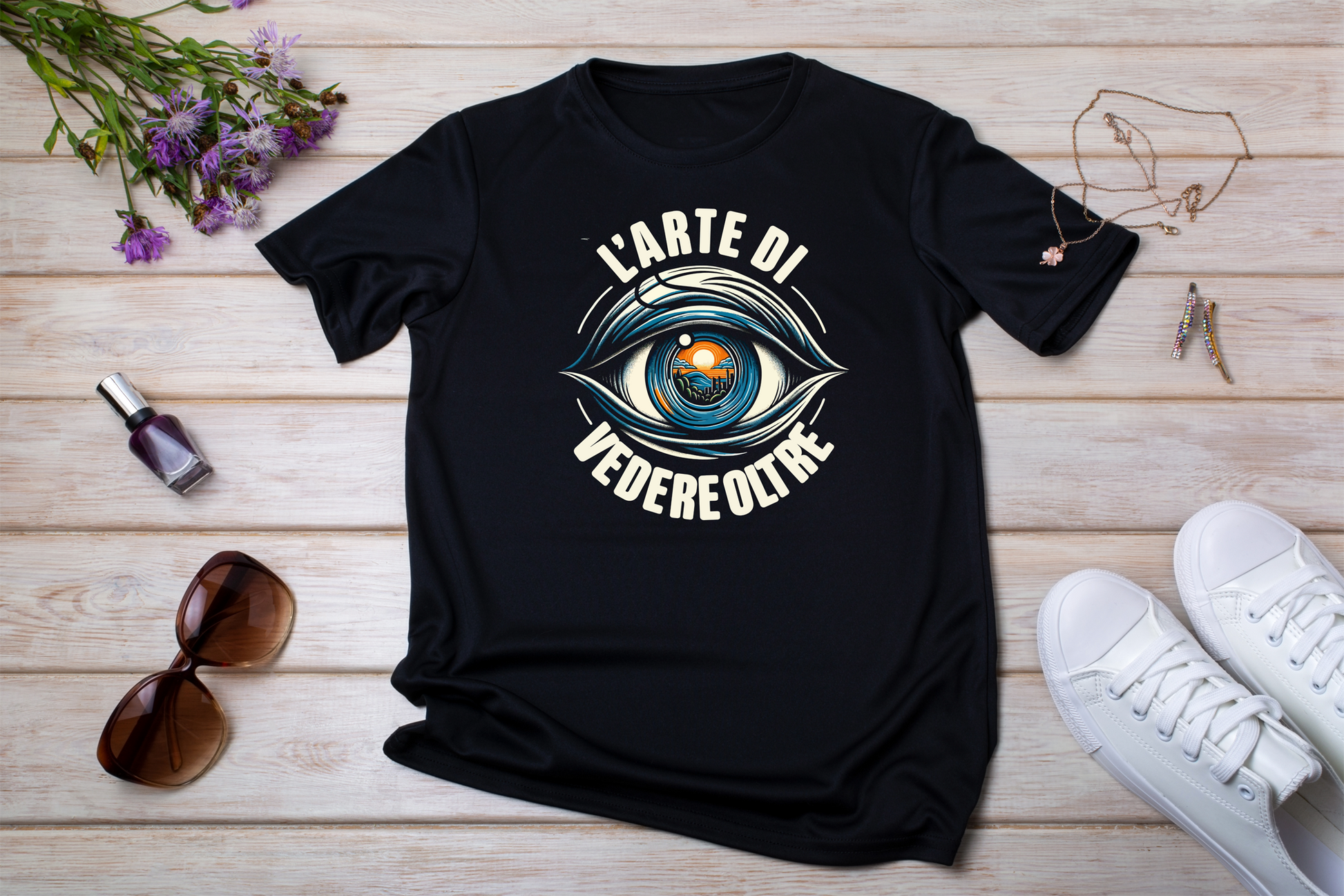 T-shirt nera stesa con accessori
"T-shirt nera 'L'Arte di Vedere Oltre' con grafica di un occhio con lente fotografica riflettente un paesaggio, posizionata su fondo in legno con occhiali da sole, fiori e gioielli