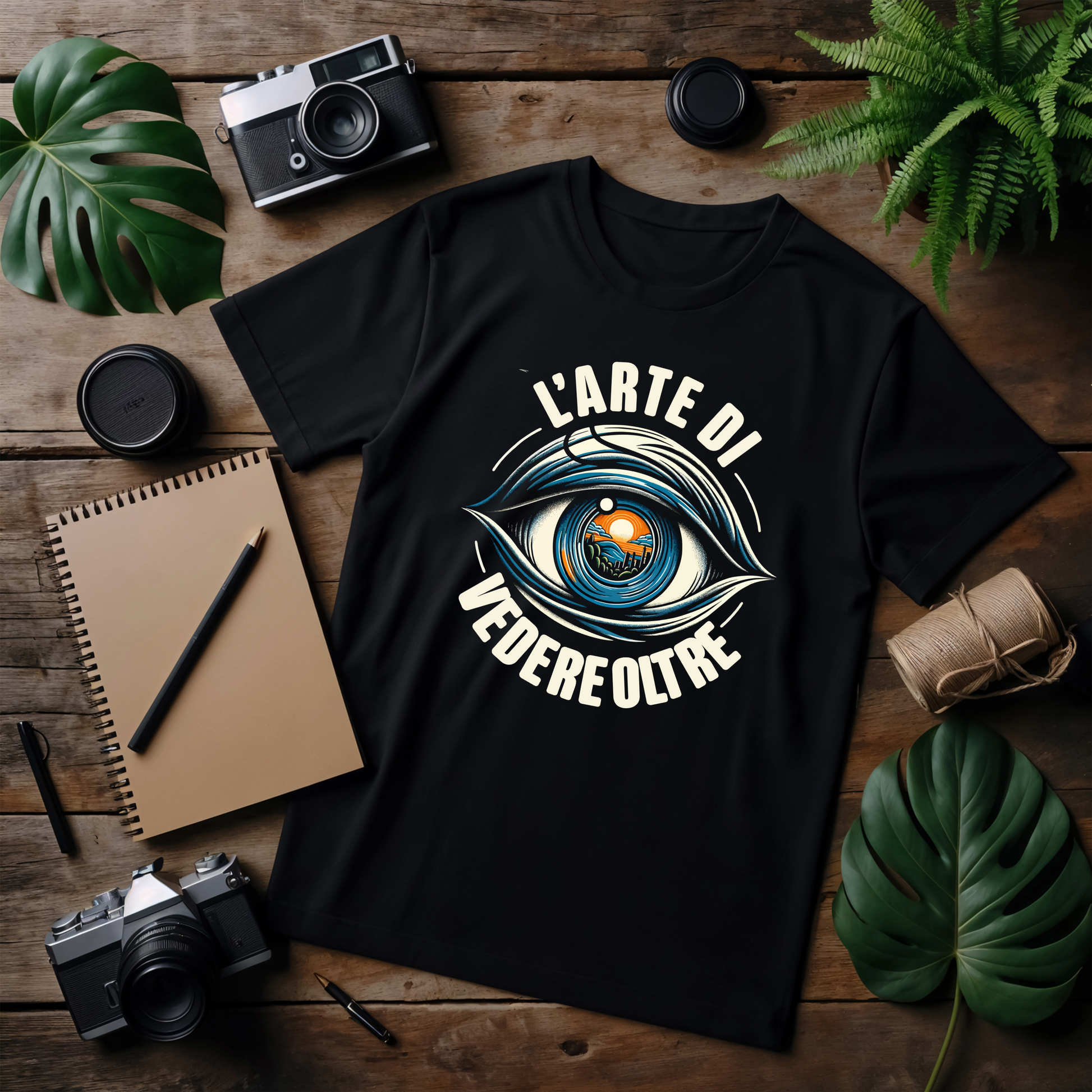 T-shirt flat lay: T-shirt nera con grafica 'L'Arte di Vedere Oltre', che rappresenta un occhio stilizzato con una scena di tramonto all'interno della pupilla. Ideale per chi ama guardare oltre l'apparenza attraverso l'obiettivo della macchina fotografica.