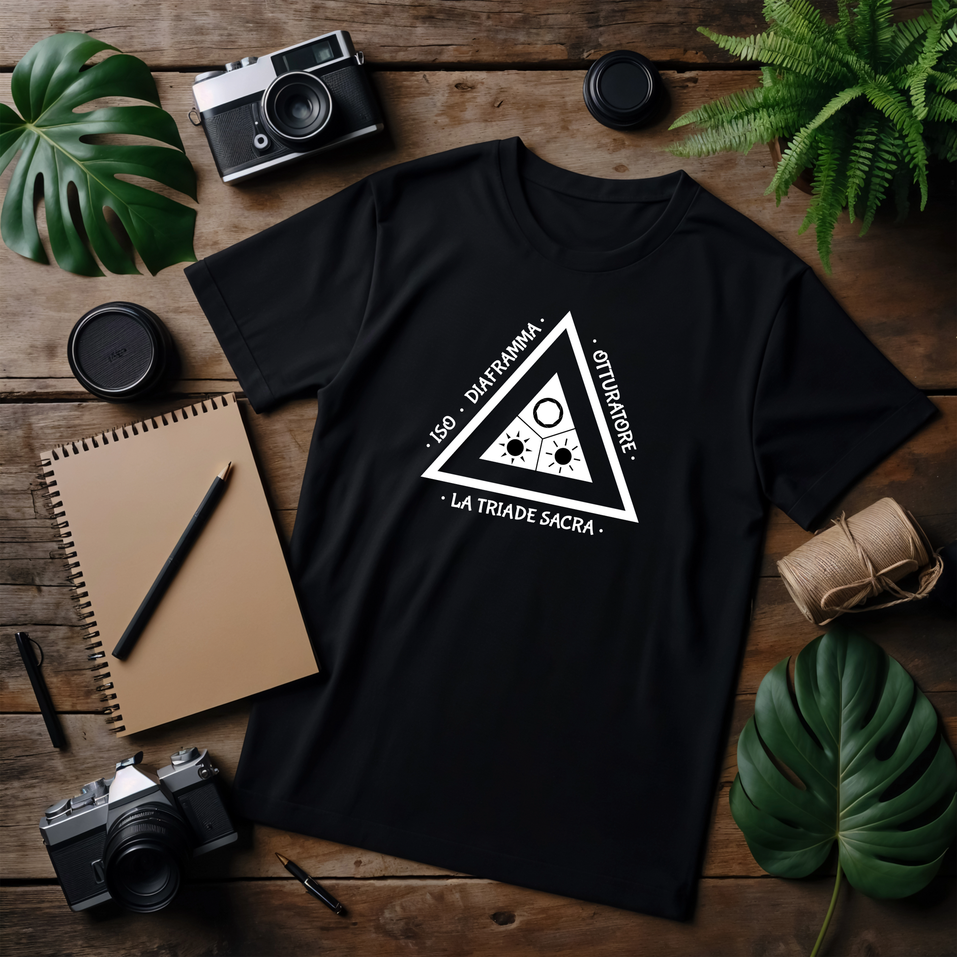 "T-shirt nera con il design 'La Triade Sacra', raffigurante i tre elementi fondamentali della fotografia: ISO, diaframma e otturatore, disposta su una scrivania con accessori fotografici."