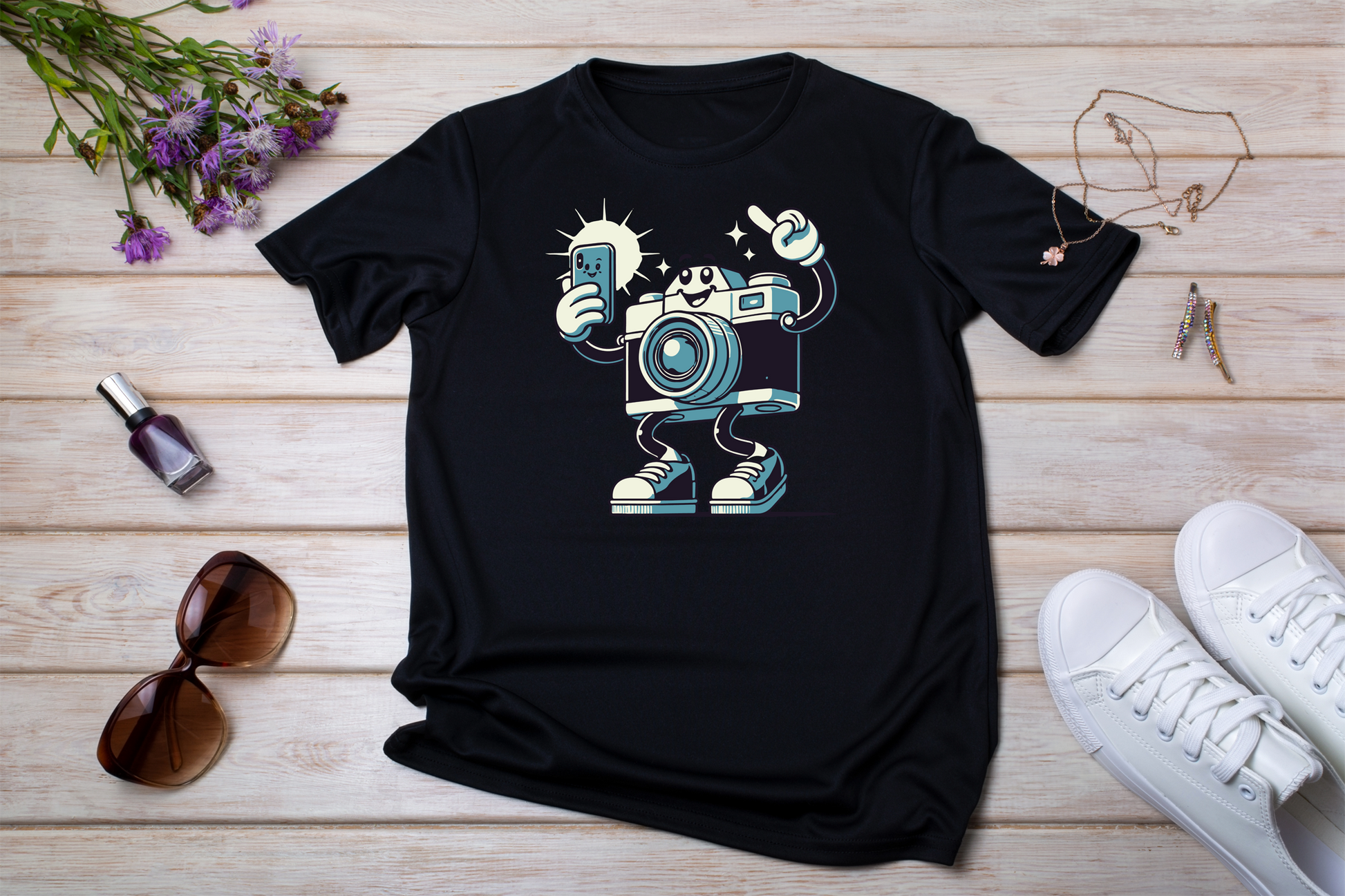 T-shirt nera con illustrazione di una macchina fotografica stilizzata che si fa un selfie, su fondo di legno con accessori fashion