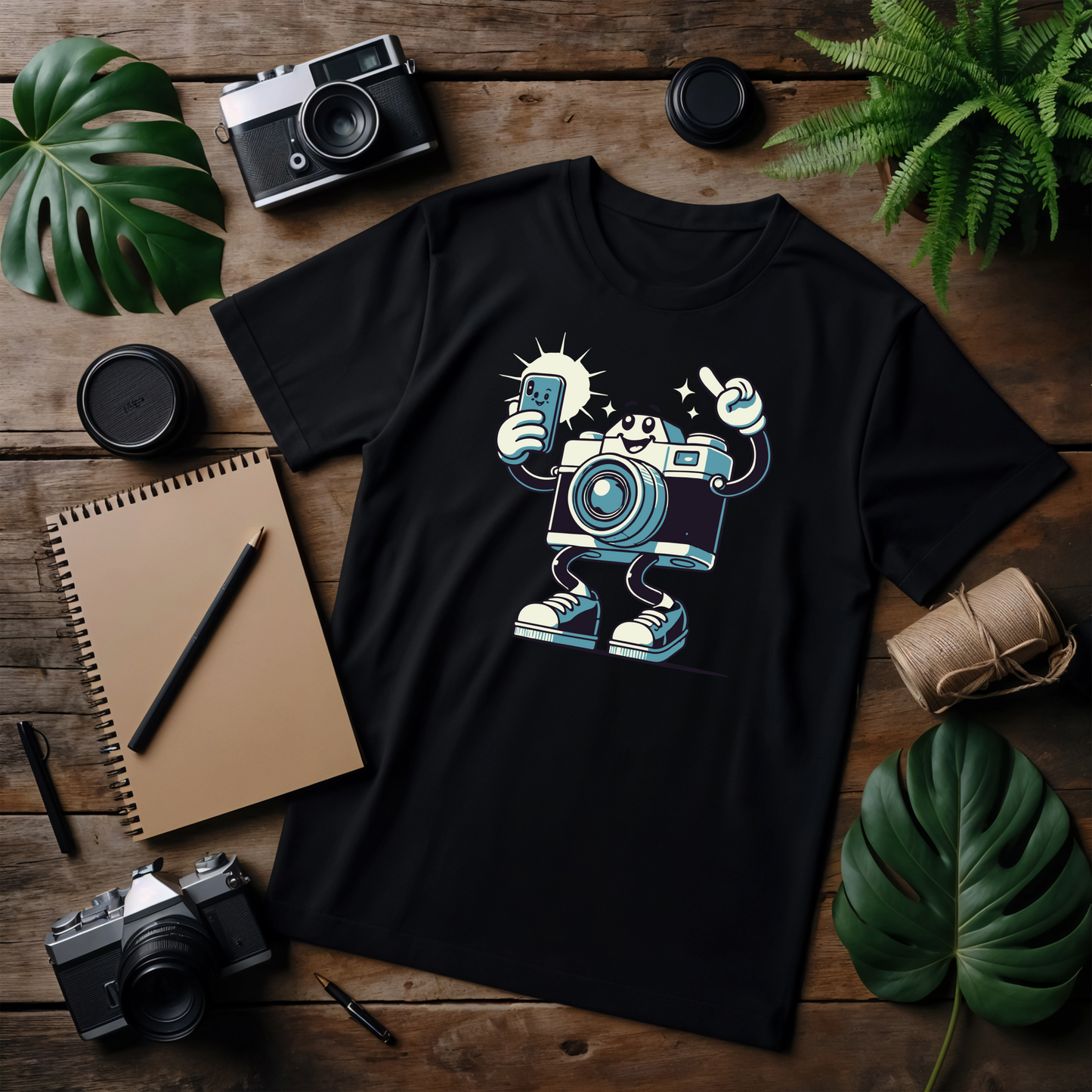 Testo Alternativo per la seconda immagine (flat lay)
"T-shirt nera con grafica di una macchina fotografica cartoon che si fa un selfie, posata su un tavolo di legno con fotocamere vintage, piante e taccuini intorno."