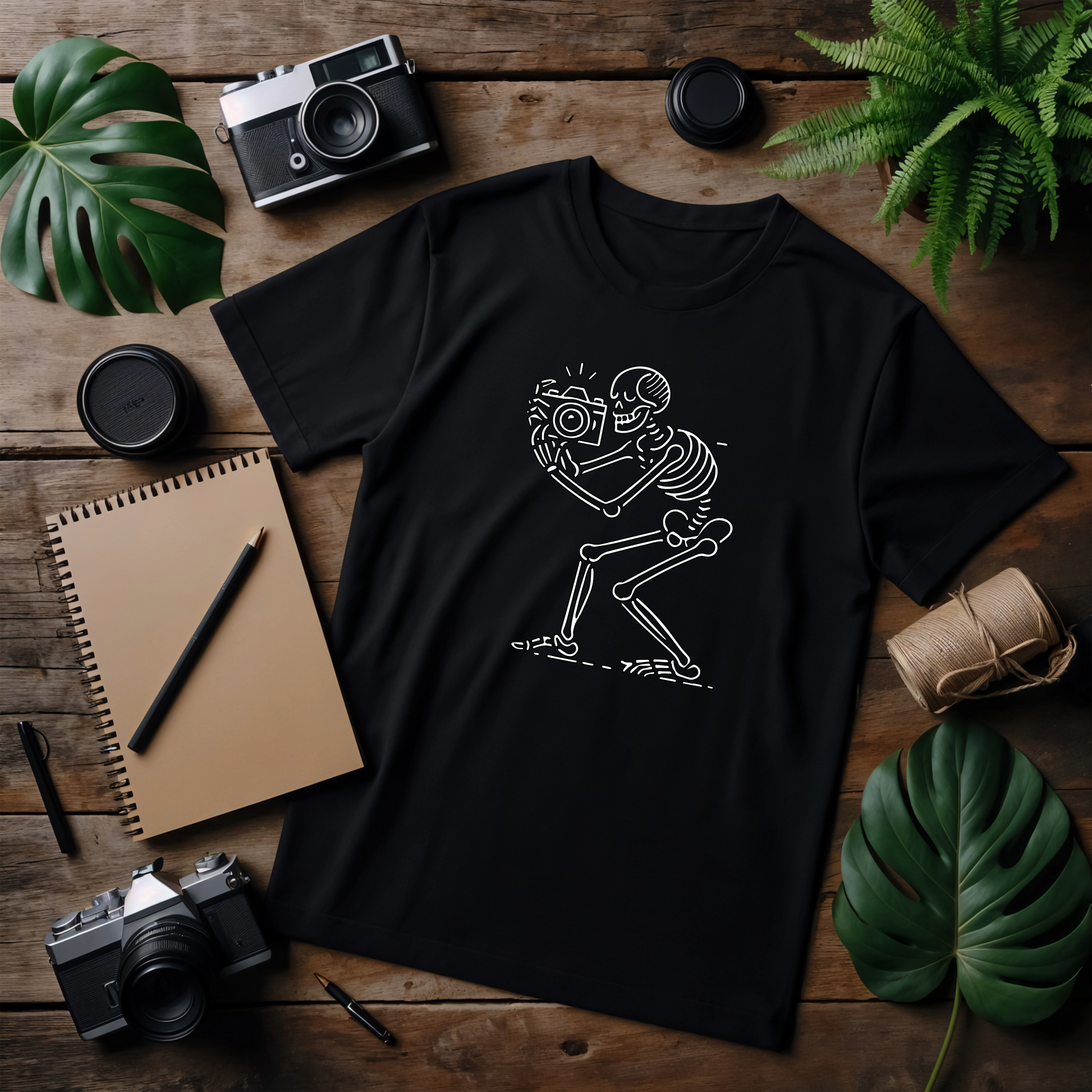 (flat lay)
"T-shirt nera con grafica minimal in bianco raffigurante uno scheletro che scatta una foto con una macchina fotografica vintage, posizionata su un fondo di legno con accessori fotografici, piante e un taccuino."